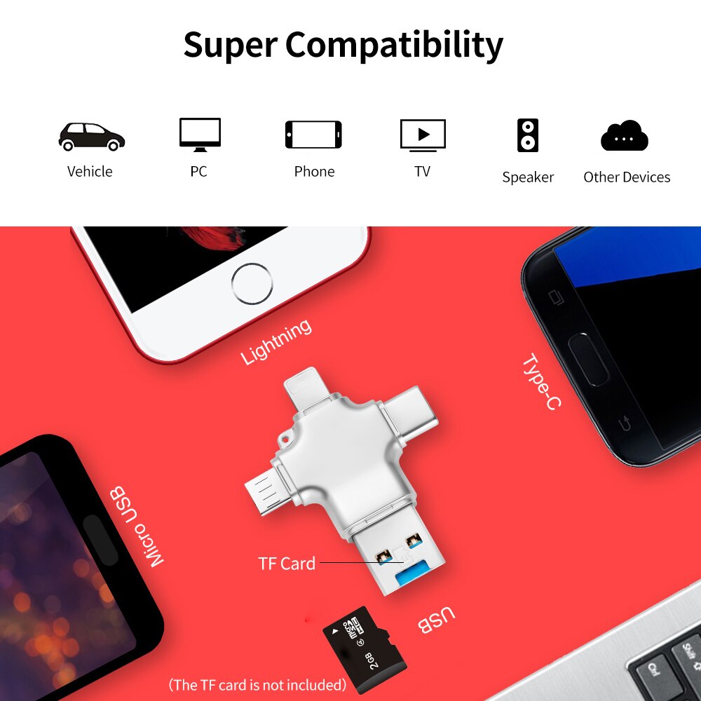 yvonne Y23 USB2.0 U Disk 32GB 16GB USB Lightnning Micro USB Type-C Four-In-One High Speed OTG U Disk for Phone/PC/Laptop Silver