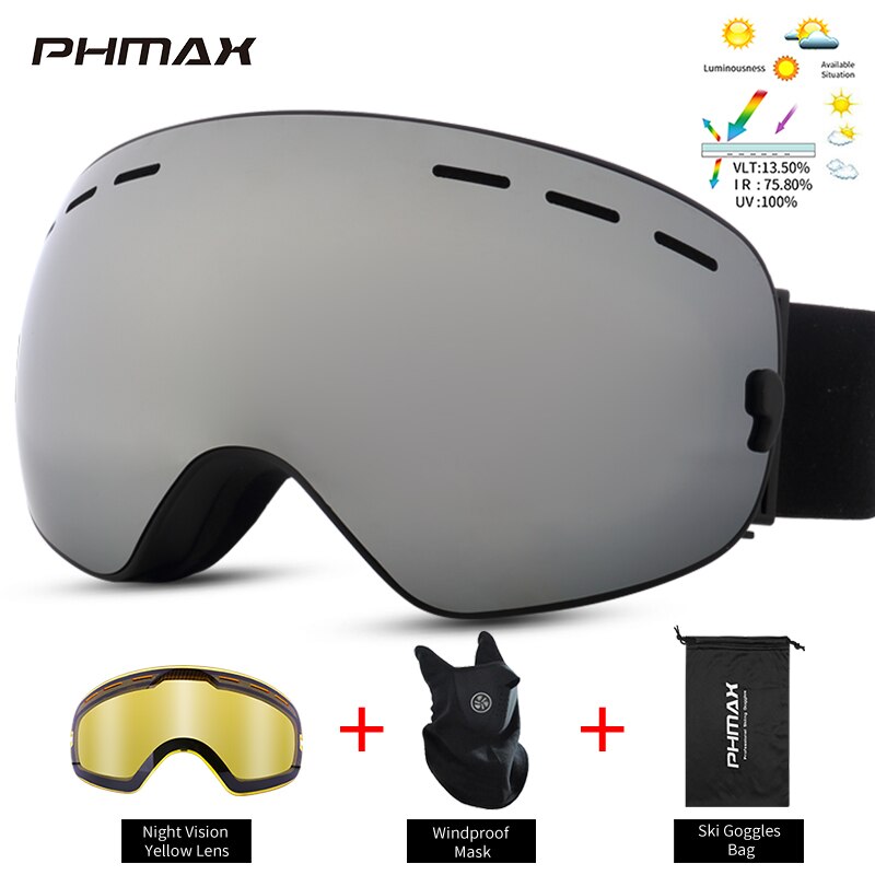 Phmax-óculos de esqui, unissex, máscara de neve, óculos de inverno, ski, com lentes amarelas, anti-neblina, snowboard