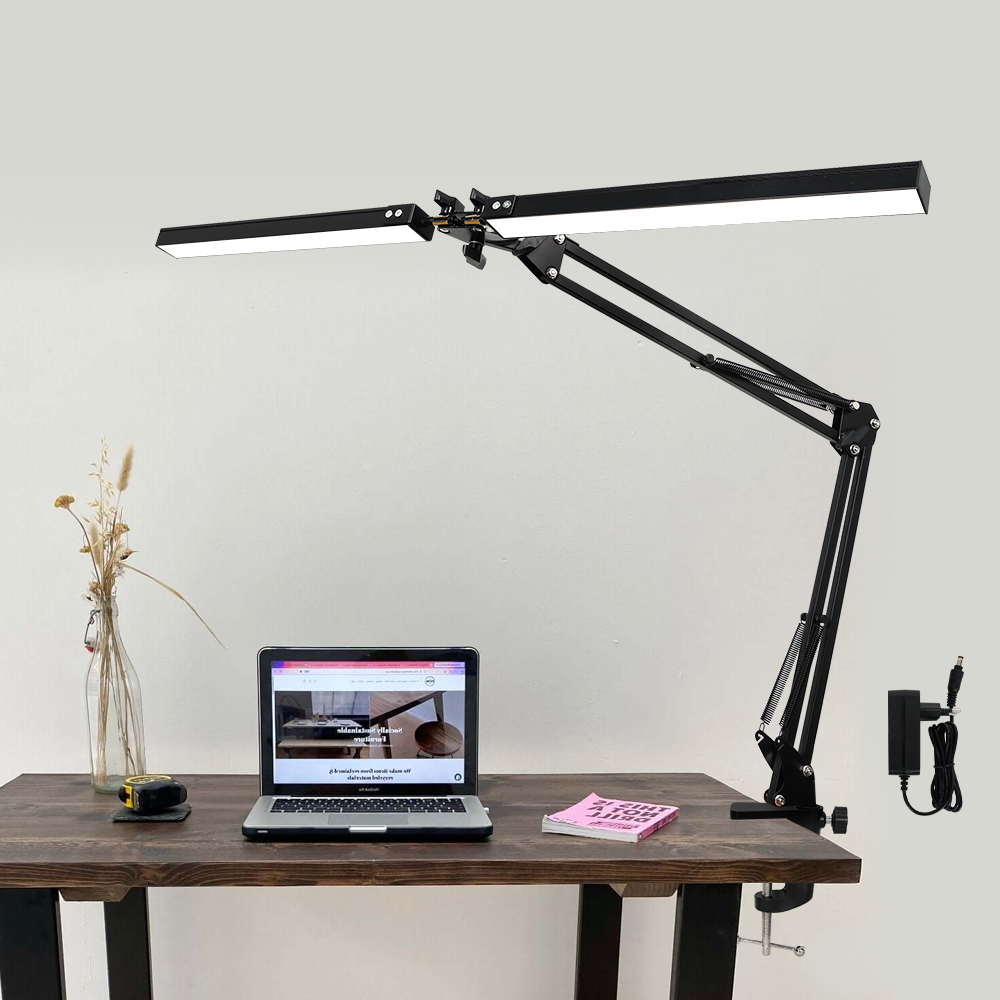 Lâmpada de mesa LED 2 em 1 24W mais brilhante com lâmpada de mesa com braçadeira braço oscilante flexível 3 modos de cor Stepless regulável cabeça dupla: Preto