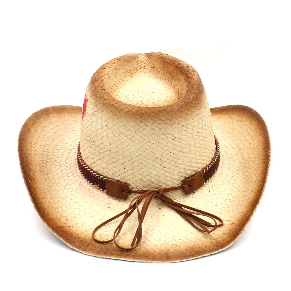 Frauen Männer Straw Western Cowboy Hut Mit Punk Blätter Band Stern Dame Dad Sombrero Hombre Cowgirl Jazz Kappen Größe 58CM