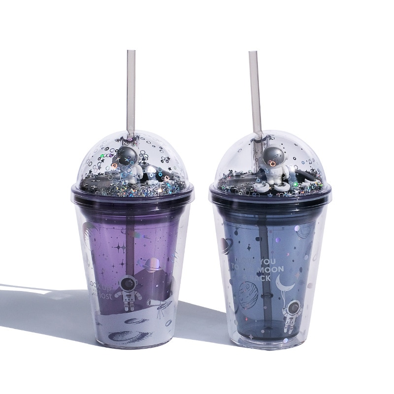 Vattenflaska kaffemugg söt vattenflaska för tjejer kawaii bling isolering astronaut tecknad film kopp vattenflaska med halm