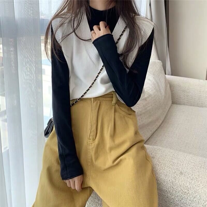Otoño chaleco tejido cuello pico Mujer invierno suéter Chaleco Corto sin mangas suéter