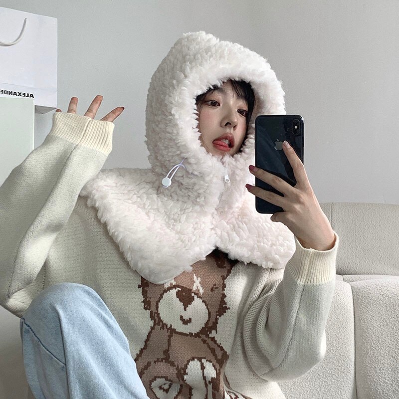 Gorro con capucha de pelo de cordero Artificial para hombre y mujer, gorro grueso con cordón para la cabeza, ajustable, de Color sólido, para invierno: Blanco