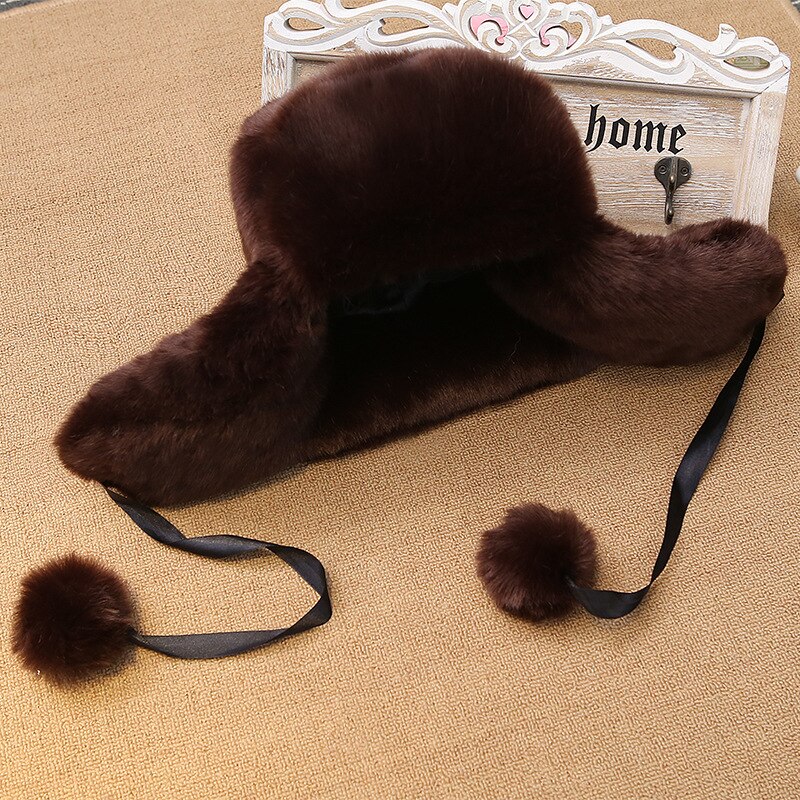 Winter Thick Warm Hats Faux Rabbit Fur Russian Fur Cap Bomber Hat Lady Ski Outdoor Fur Caps: Coffee