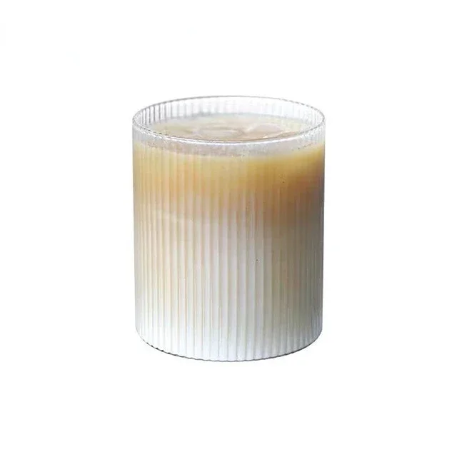 Taza de vidrio a rayas de 375Ml con tapa, Pajita de estilo japonés para beber, tazas elegantes para leche, café, té, de cumpleaños, vasos de whisky: Azul cielo