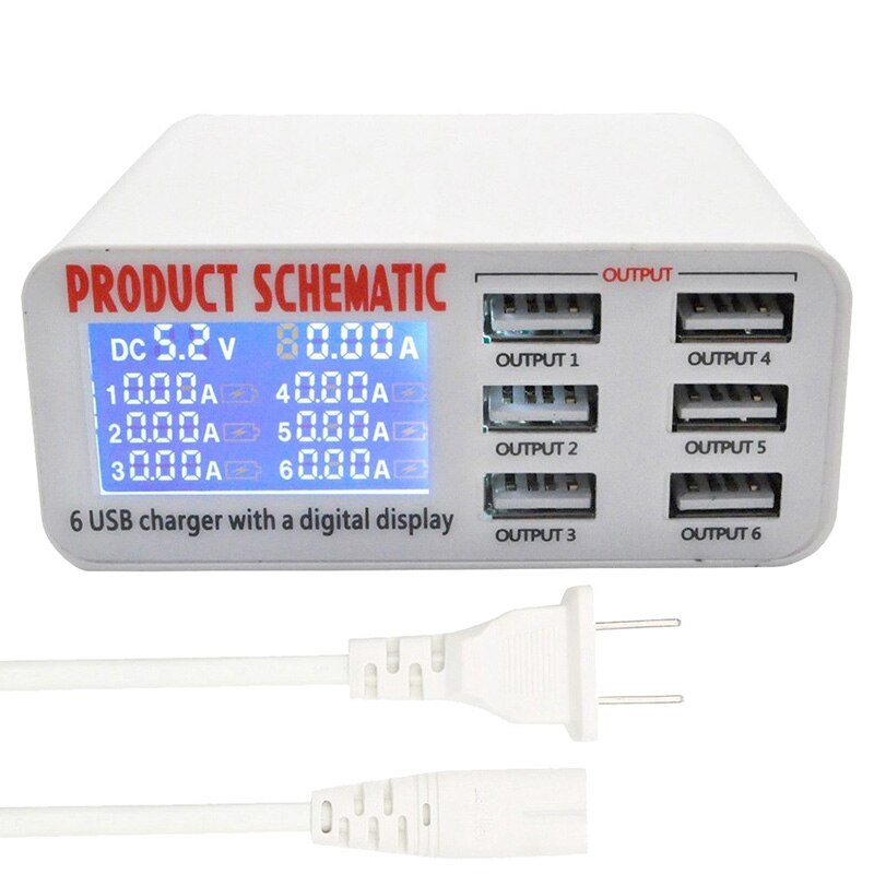 EU/US/UK Plug 6 Ports USB Charger Travel Charger LCD Digital Display Smart Charging Station Multi-Port USB Charging