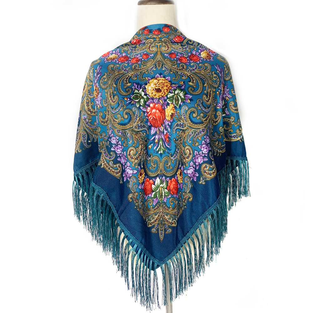 Bufanda rusa de 115x115cm para mujer, Bandana cuadrada con estampado Floral de lujo, chal con flecos ucranianos, pañuelo Babushka, envolturas para la cabeza: Cian