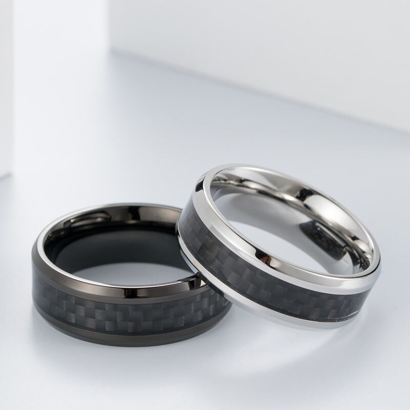 Rostfritt stål kolfiber ring för män kvinnor par ring svart silver färg manliga smycken tillbehör