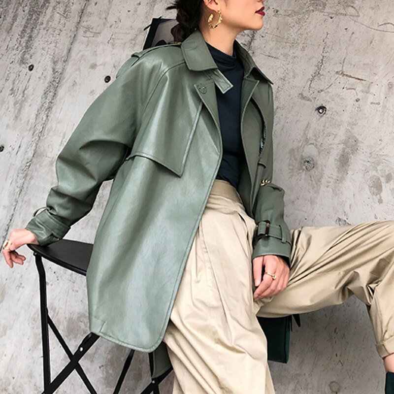 Fitaylor Spring Autumn 2022 PU Leather Jacket Casual Female Streetwear Outwear Jackets Women Faux PU Leather Belt Coat