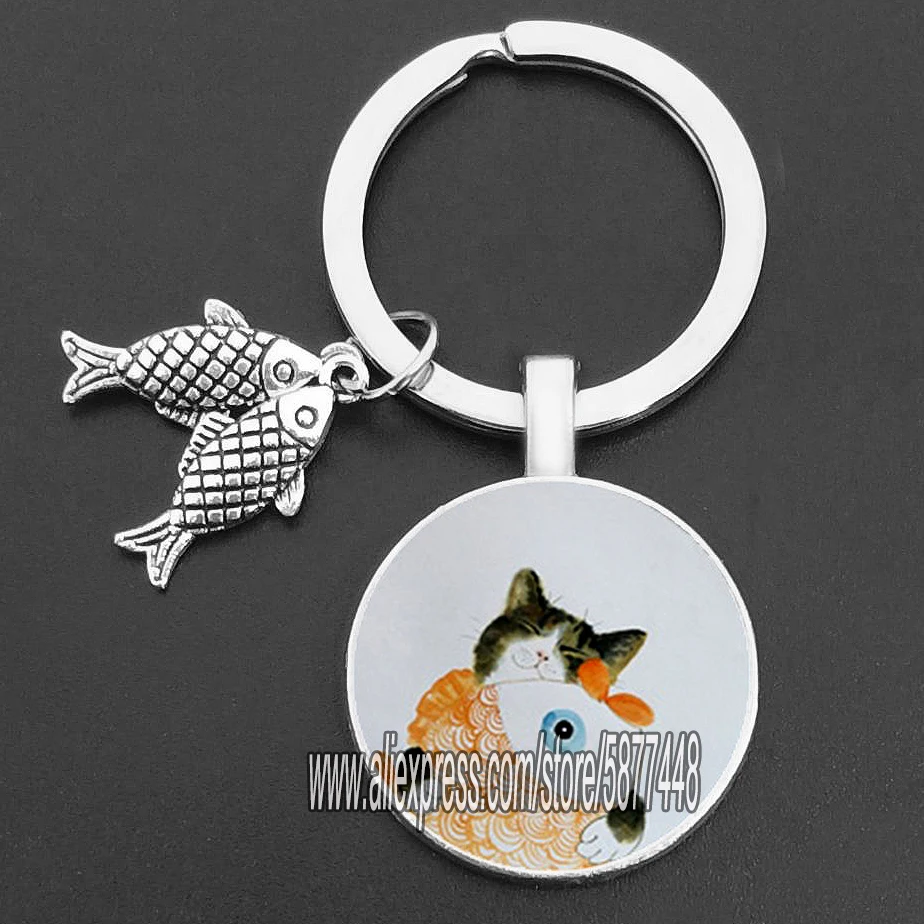 Ondeugende kat en vis glazen hanger sleutelhanger schattige kat die wil vis eten sleutelhangers voor vrouwen en schattig meisje: Rood