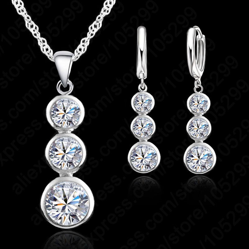 925 Sterling Silver Long Pendant Necklace Earrings Pave AAA CZ Crystal Simple Jewelry Sets For Women Girls Party Birthday