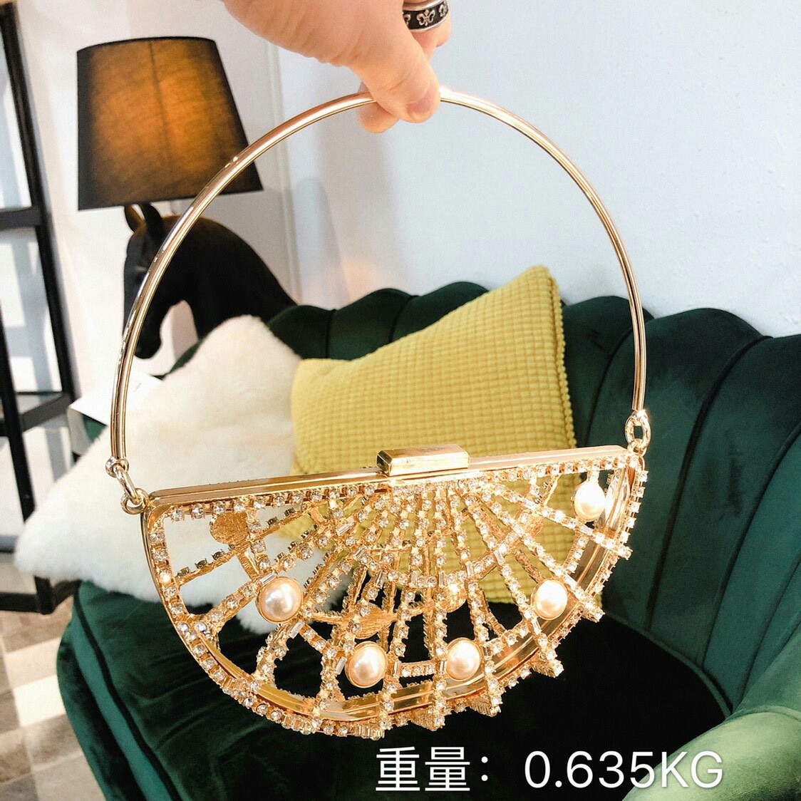 Summer Korea Hollow Pearl Rhinestone Clip Bag Half Round Evening Bag Handbag Woman