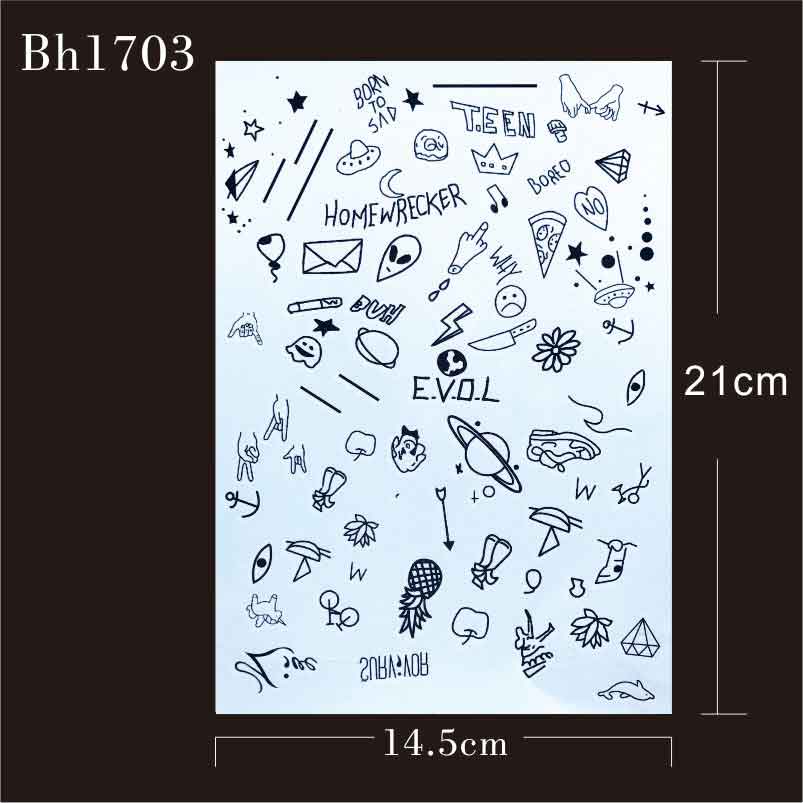 #BH1703 1 piece Stick N Poke Black Henna Tattoo with Semicolon ,ET, daily pattern Temporary Tattoo for Hands Stickers
