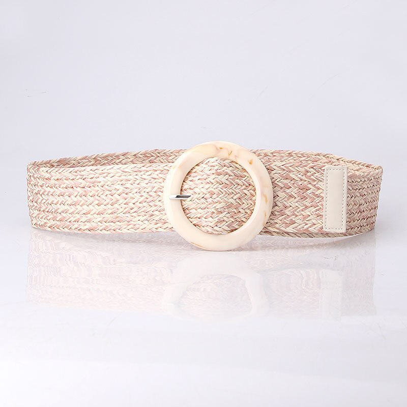 Summer Women Braided Elastic Belt Round Resin Buckle Vintage Bohe Straw Buckle Belt Dress Shirt Dress Belt Female Knitted Belt: Pink