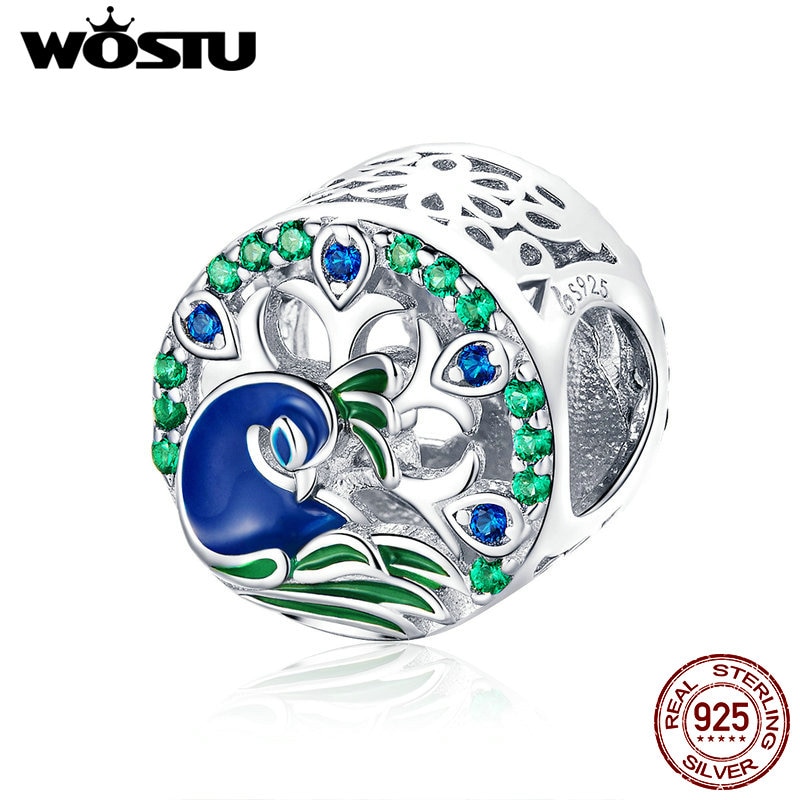 WOSTU Elegante 925 Sterling Silber Pfau Glück Perlen Charms Fit DIY Armband Anhänger Für Frauen Hochzeit Luxus Schmuck CTC037