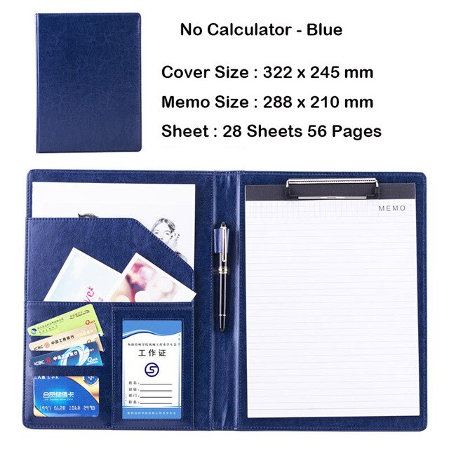 Business Office Folder Multifunctional Office Organizer with Calculator Clip A4 Leather Folder Folder Briefcase Office Supplies: A blue