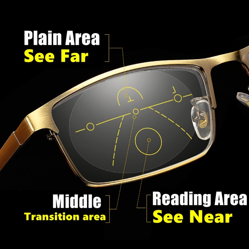 Progressive multi focal læse briller mænd metal fuld frame firkantede anti-blå lys presbyopi briller guld farve
