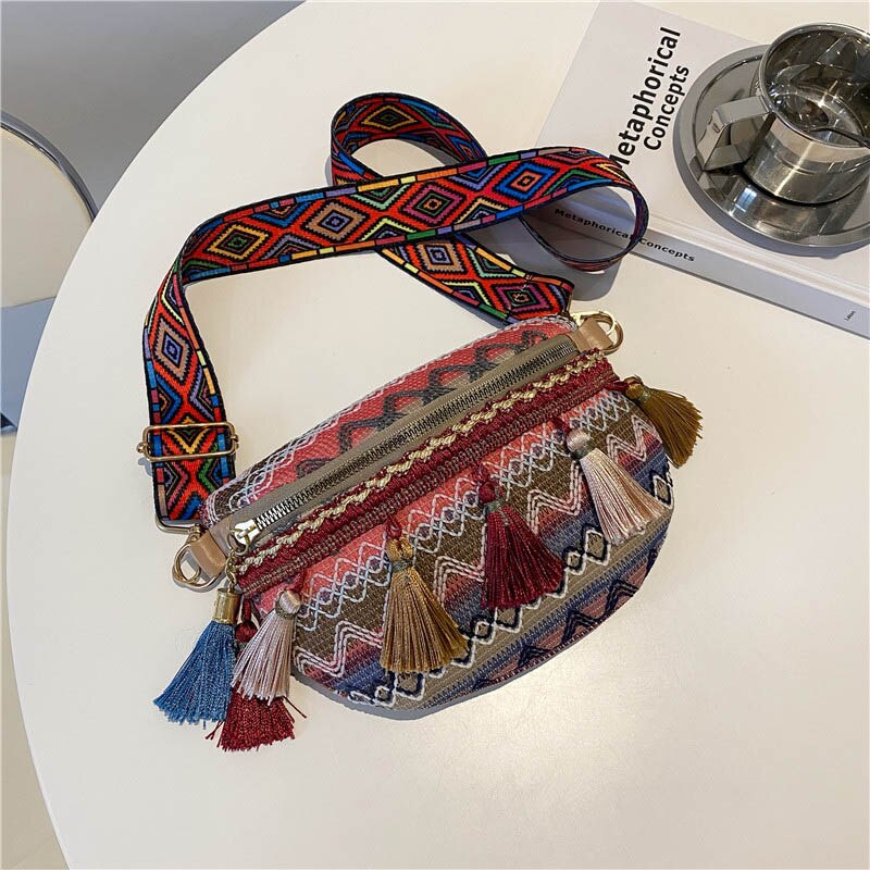 Riñonera de estilo étnico para mujer, bolso de cintura con correa ajustable de Color variado, con decoración de flecos, bandolera informal para el pecho, novedad: Khaki
