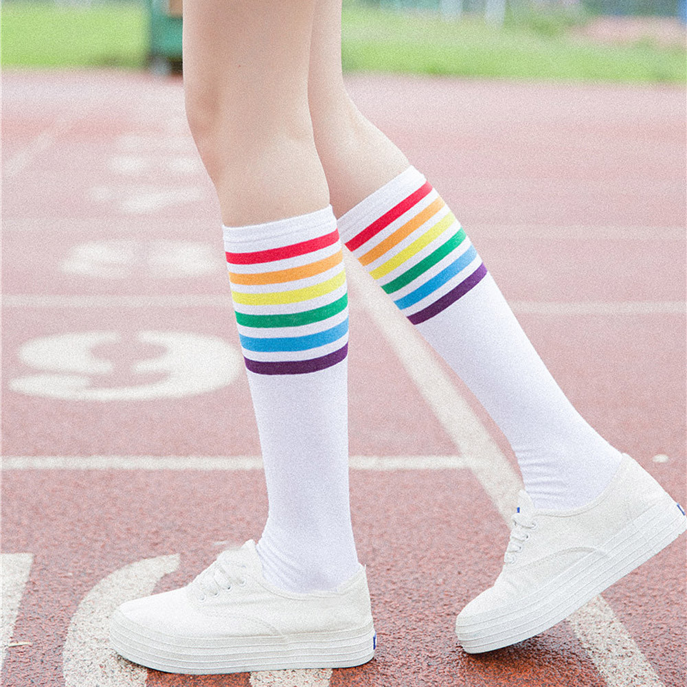 Perimedes Professionele Sport Sokken Over Knie Regenboog Streep Meisjes Voetbal Sokken Zwart Wit