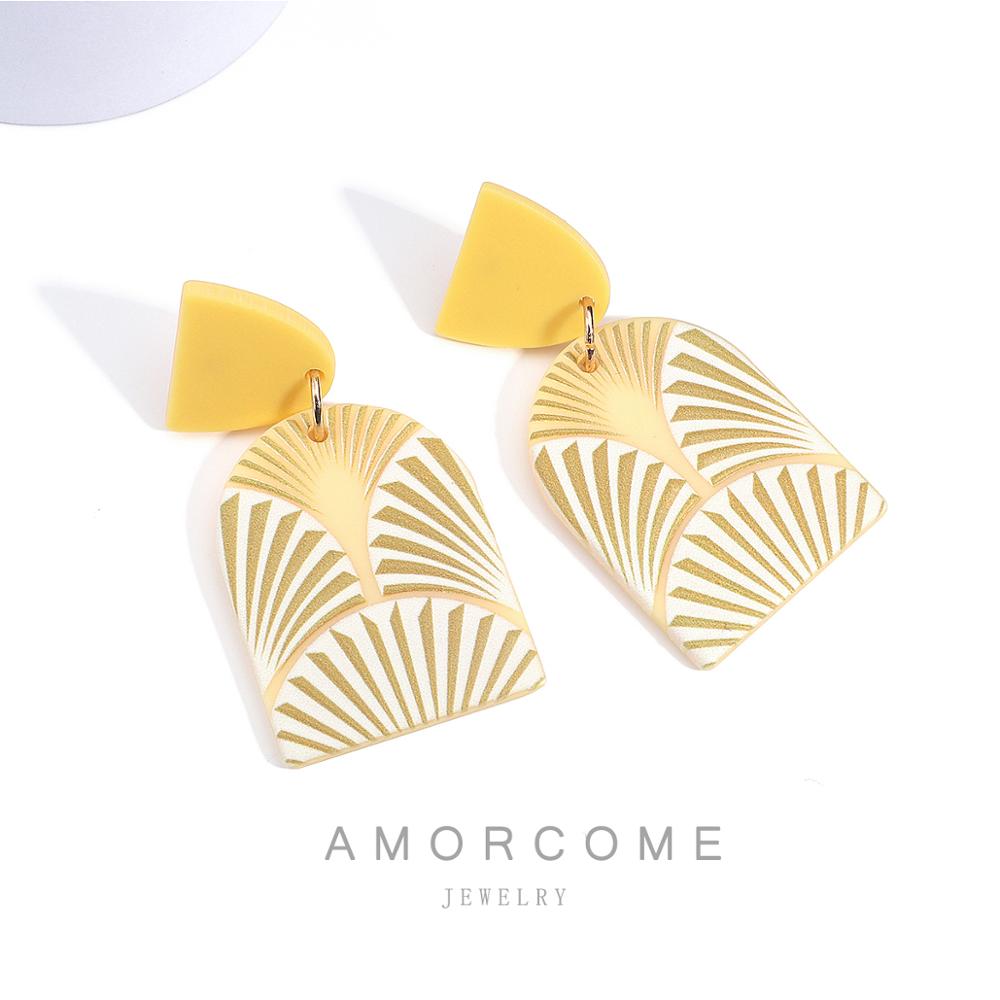 AMORCOME Light Yellow Color Flower Stripe Pattern Geometric Acrylic Earrings for Women Simulated Polymer Clay Ethnic Earrings