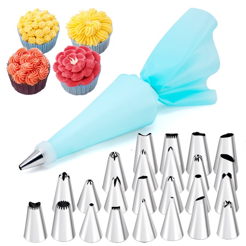 Juego de 6-24 Uds. De bolsa de repostería y boquilla para pastel de acero inoxidable, accesorios de cocina para decorar panadería, equipo de confitería: Verde militar