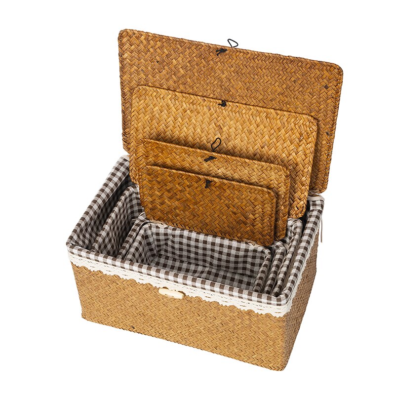 Rieten Opslag Mand Met Deksel Rotan Doos Rechthoekige Zeegras Opslag Bin Desktop Diversen Sorteren Sieraden Make-Up Organizer