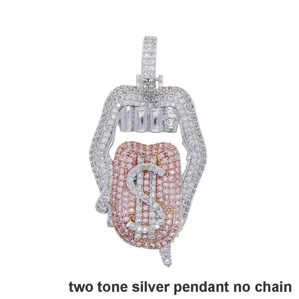 Iced out white pink mouth pendant Dollar symbol engraved hiphop bling cz pave tennis chain dripping Lip men boy necklace jewelry: two tone pendant