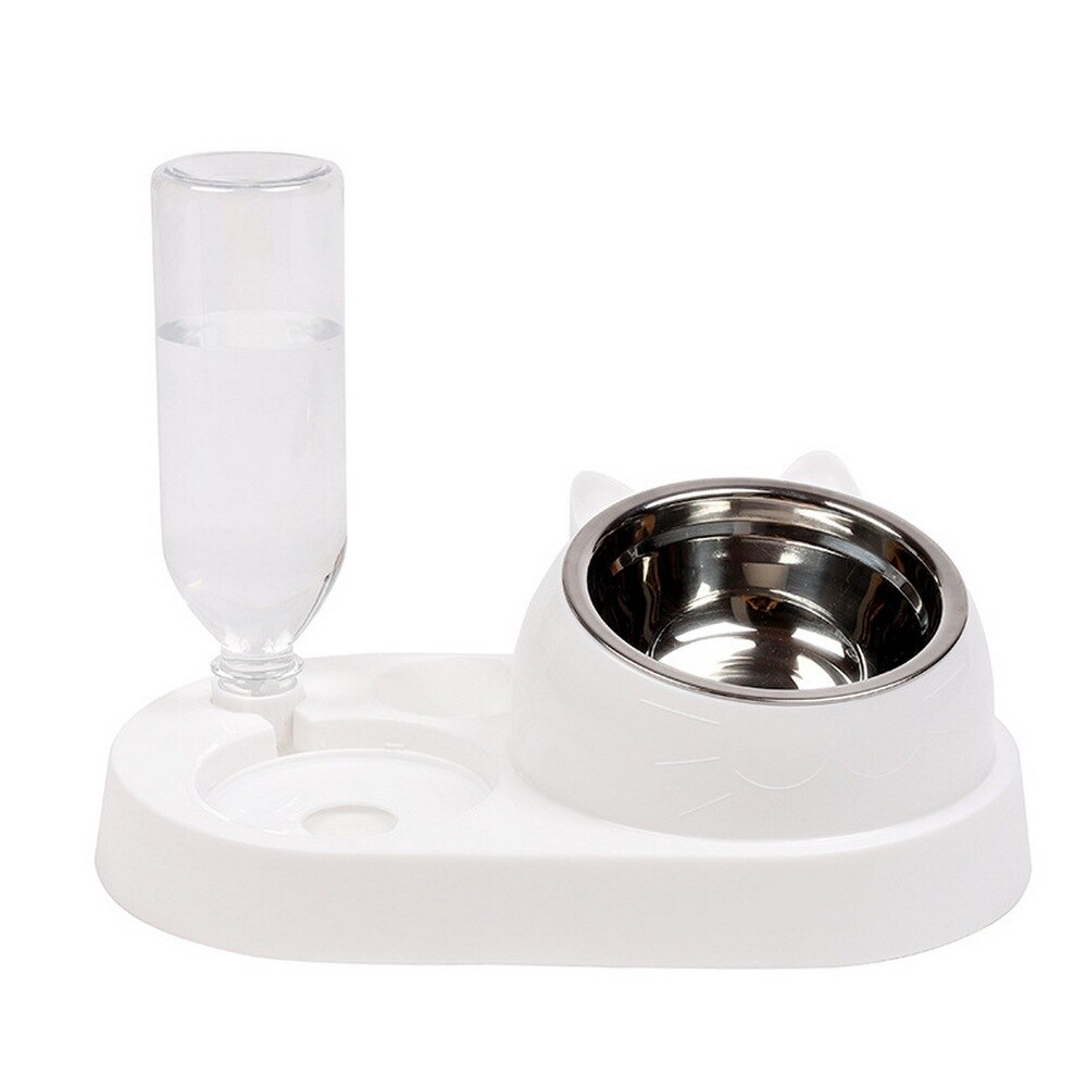 Cat Dog Bowl 15 Degrees Tilt Raised Pet Food Bowls 500ML Water Bottle Protect Pet's Spine, Drink and Food Bowls for Cat: white