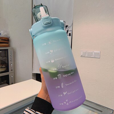 2L Large Capacity Water Bottle Straw Cup High Temperature Plastic Water Cup Time Scale Frosted Outdoor Sports Student Couple Cup: A-Matte Green Purple