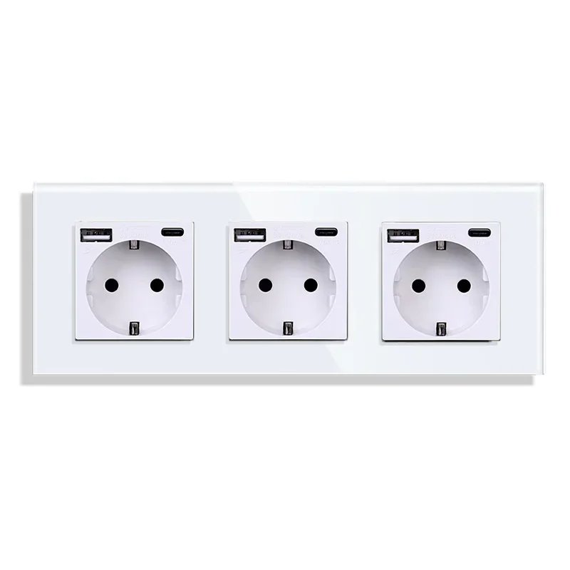 Vägguttag med usb typ c-brytare och uttag med tv-internet cat 6 -gränssnitt eu-standard vit kristallglasströmbrytare: Mång