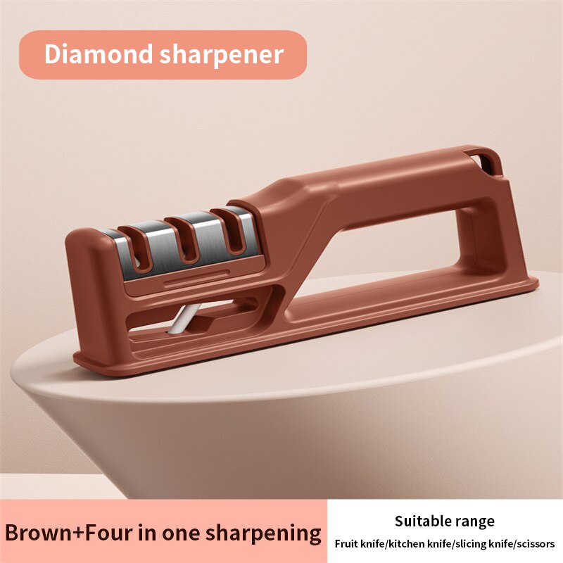 4 In 1 Knife Sharpener Manual Knife Sharpening Tool Scissors Sharpening Stone With 1 More Replace Sharpener Kitchen Accessories: Brown