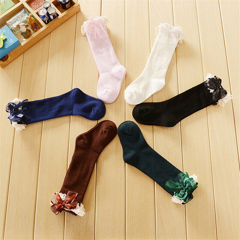 Meisjes baby tutu sokken spaans kniehoge satijnen strik sokken zacht geplooid kinderen 0-6 y