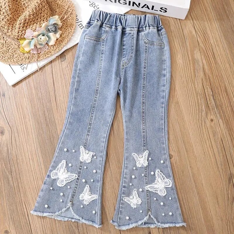 Pantalones vaqueros para niña de 3 a 12 años, pantalón acampanado, ropa de primavera, pantalón informal, pantalón largo de perlas para bebé: a / 160cm  10-12T