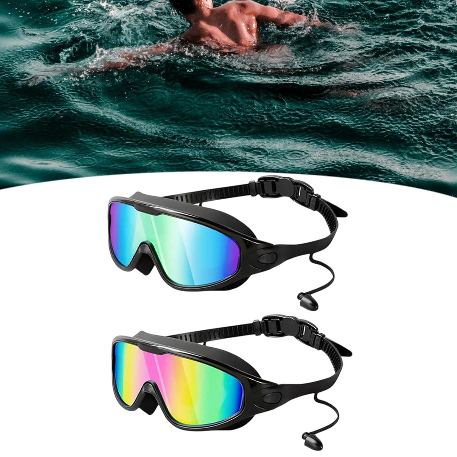 2 schwimmbrillen mit ohrstöpseln, weites sichtfeld für damen, herren und erwachsene, wasserdicht und auslaufsicher.