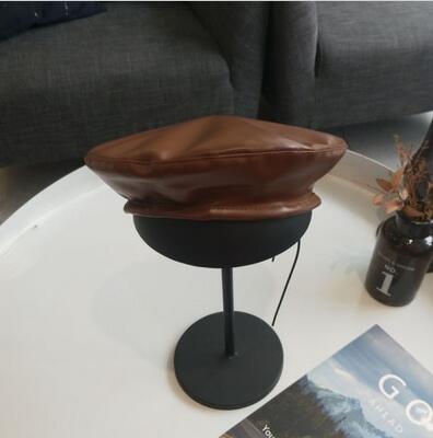 Dames leren baret hoed franse petten schildershoeden dames effen pu baretten: Bruin