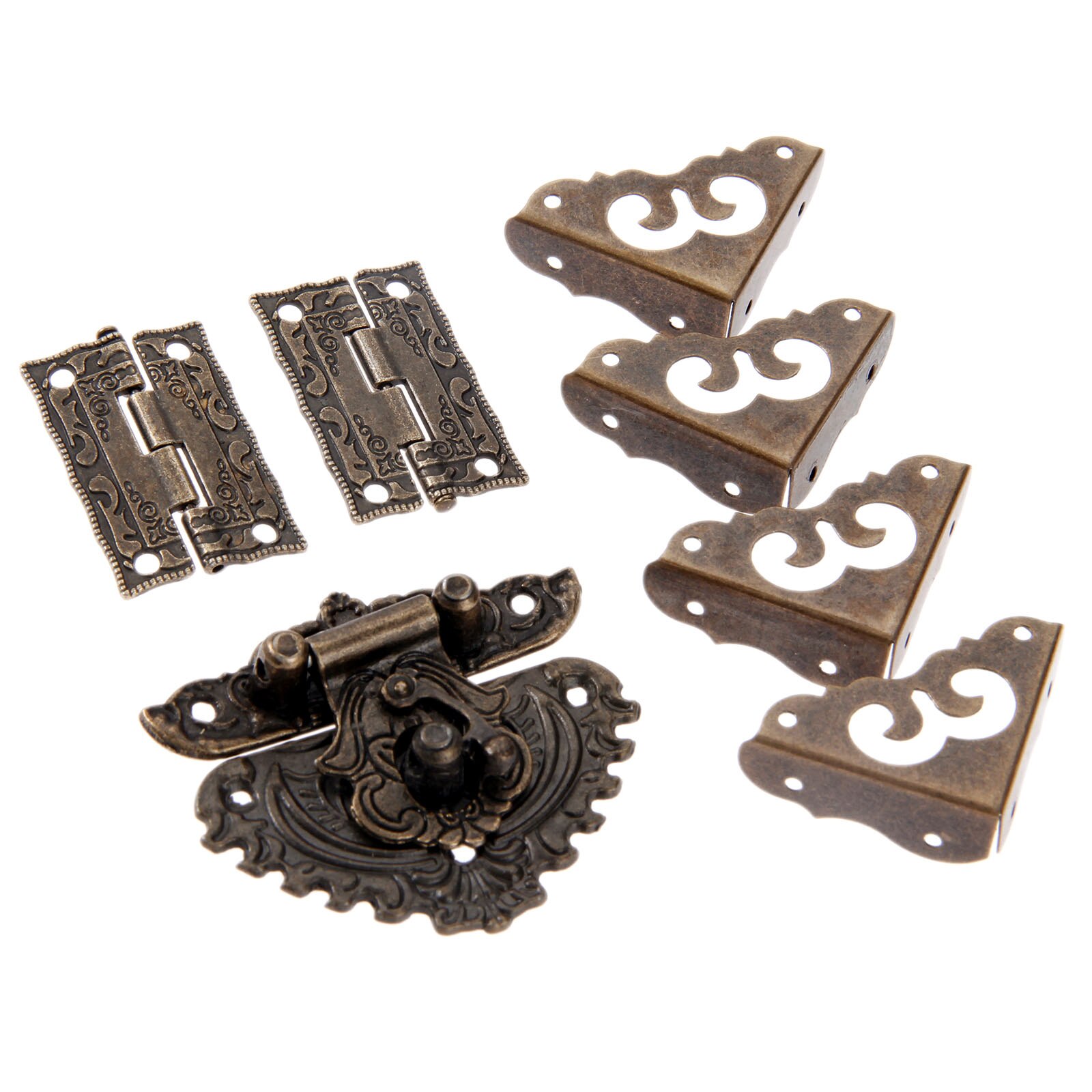 7pcs/set Latch Hasp Toggle Buckle+ Hinges+Corner Protectors Antique Bronze Retro Decor Furniture Hardware Jewelry Wooden Box
