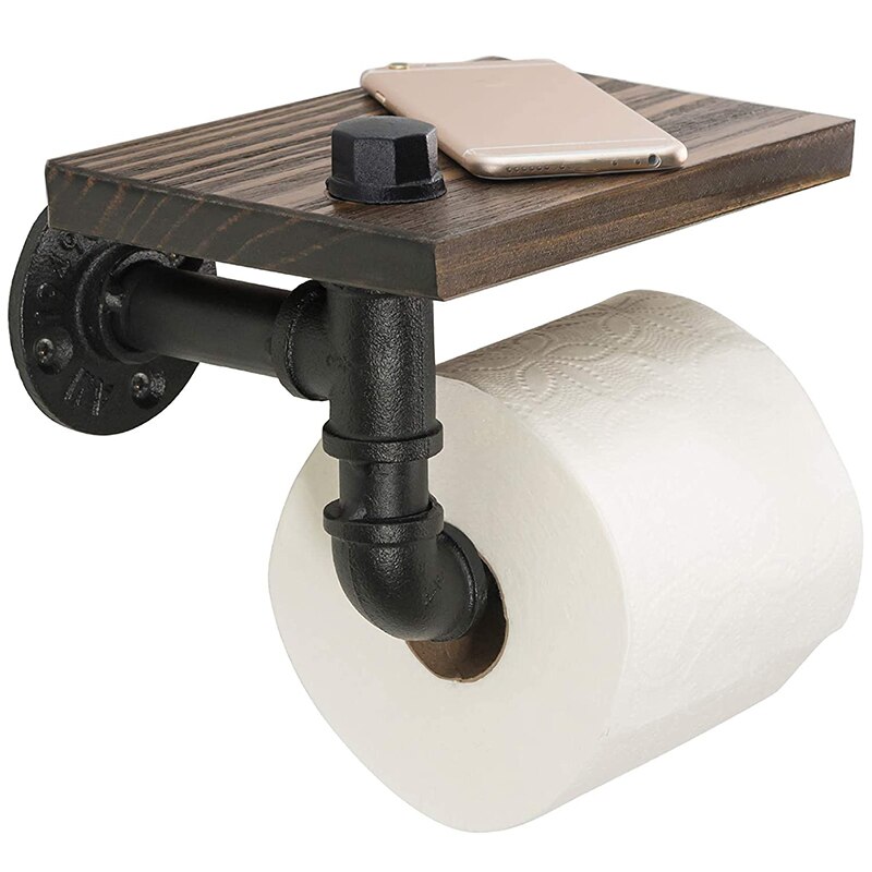 Industriële Toiletrolhouder Met Rustieke Houten Plank En Gietijzer Pijp Hardware Voor Badkamer, Wasruimte