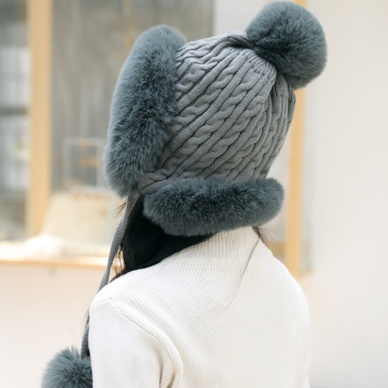 Women's thick hat hairballs a women's winter thick knitted plush hat earmuffs collar soft warm beanie hat scarf: qy04