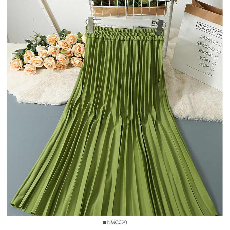 Faldas plisadas de Color liso para mujer, faldas informales de cintura alta elástica, línea A, para y playa, primavera y otoño, 2022: Verde militar