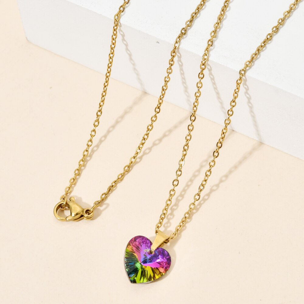 ZMZY Stainless Steel Chain CZ Crystals Heart Necklaces Pendants For Women Girls Necklace Women Clavicle Accessories