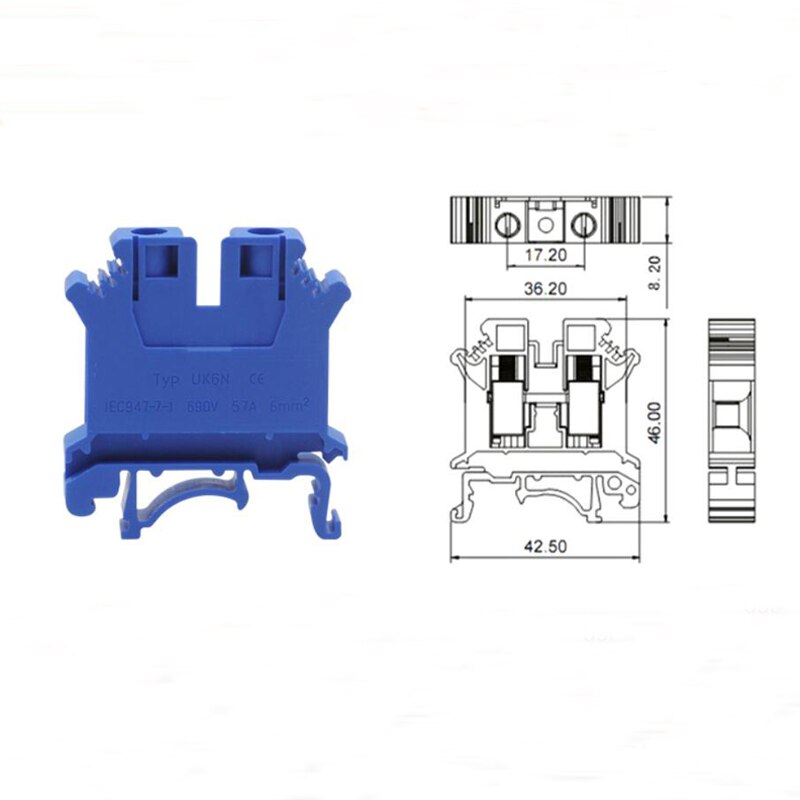 50Pcs Din Rail Universele Schroef Terminal Blokken UK-6N Morsettiera Elektrische Draad Terminals Blok Connector Messing Bornier 57A