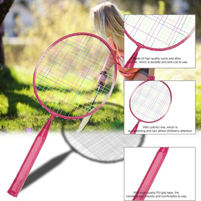 2 spillere badminton ketcher kugle, bærbar farvet plaid holdbar nylon legering badminton ketsjer 3 kugler til børn træning