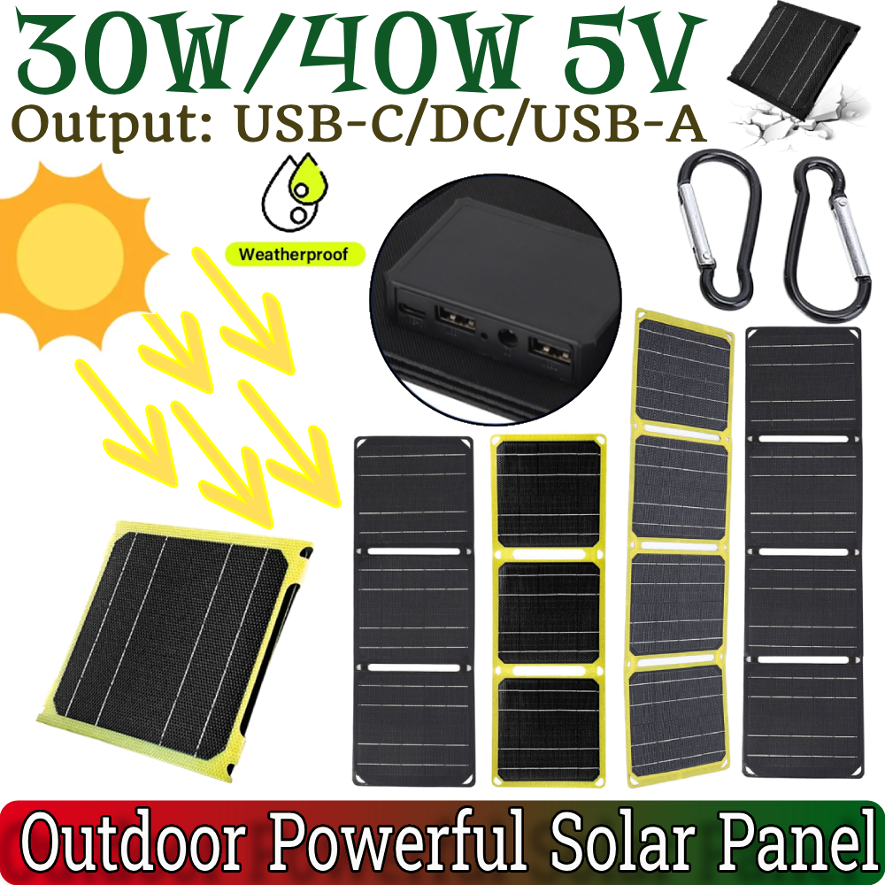 Solarpanel 30W/40W 5V USB-C/DC/USB-A Ausgang Leistungsstarkes Solarpanel für den Außenbereich PD 20W QC 3.0 5V 9V 12V Wasserdichtes Telefonladegerät