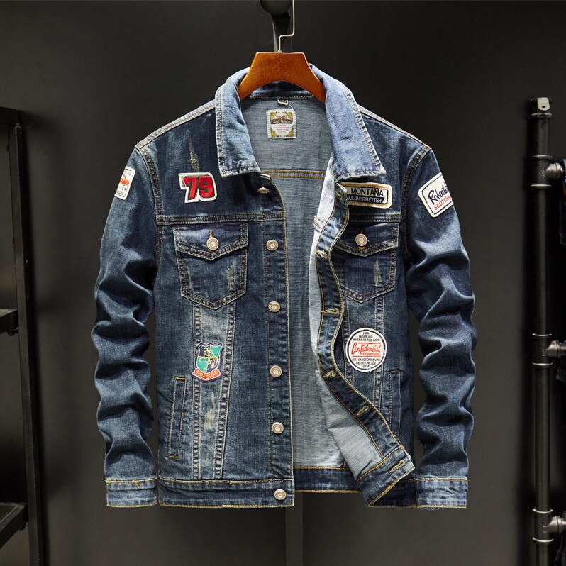 men's denim jacket embroidery denim jacket Slim casual street clothing retro men's denim jacket