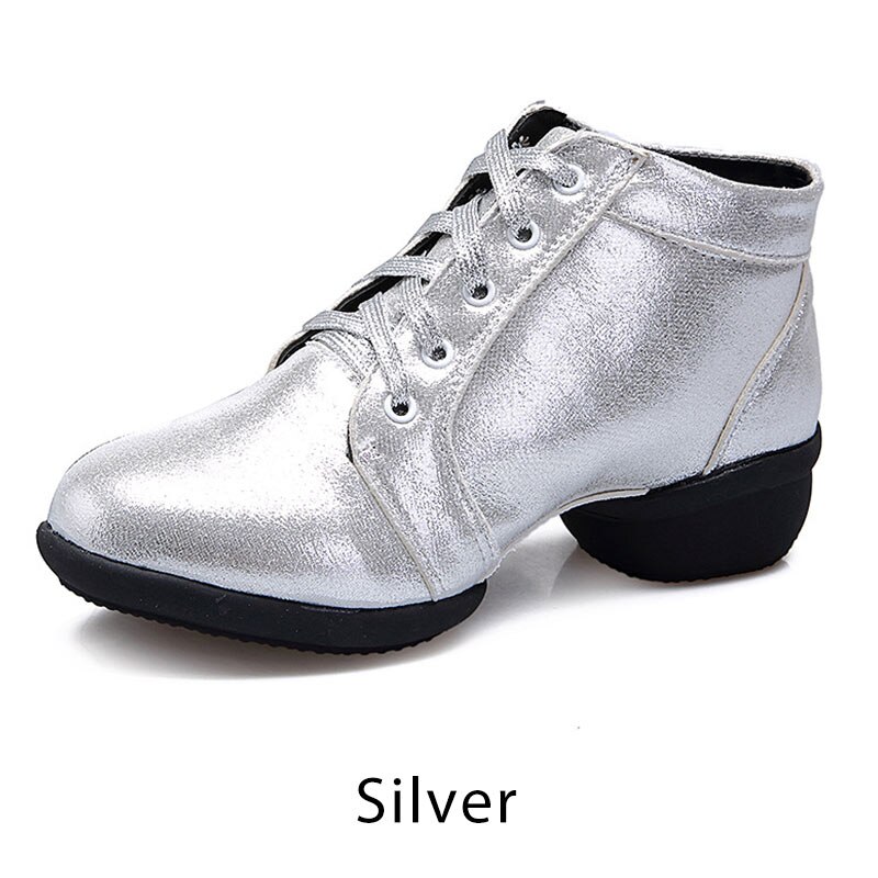 Zapatos de baile modernos para mujer, botas de baile de Jazz con tacón medio de cuero dorado, talla 35-41 de 4cm: Silver / 4,5