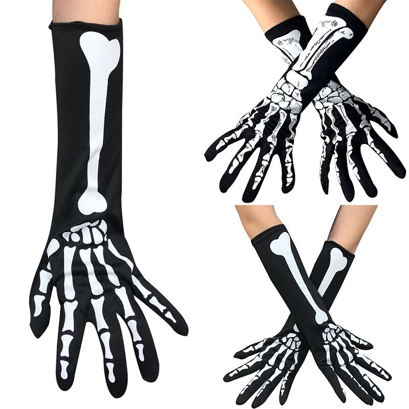 1 Paar Volledige Vinger Skelet Handschoenen Cosplay Elleboog Lengte Halloween Handschoenen Zwart Wit Ghost Bone Wanten Kostuum Accessoires