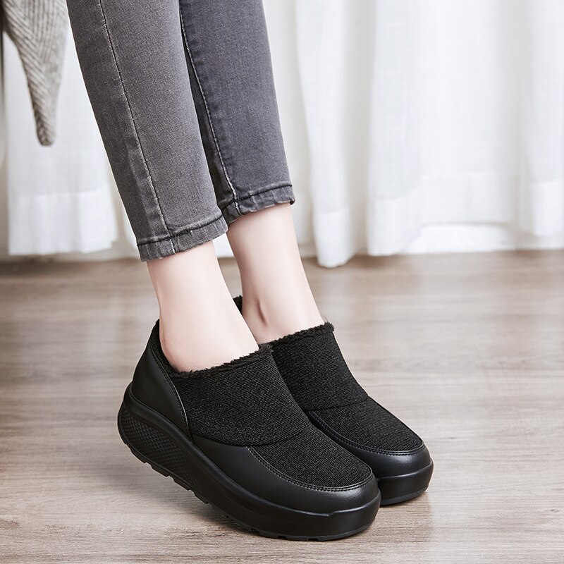 Women Flat Platform Sport Shoes Slip on Autumn Winter Ladies Fur Warm Walking Shoes Black Gray Women Trainers Fitness Slimming