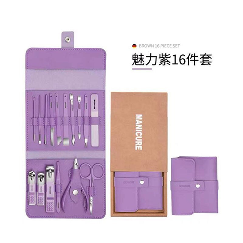 Juego de utensilios para el cuidado de las uñas, cortador de uñas de acero inoxidable, herramientas para el cuidado de las uñas y los pies, herramientas de manicura de belleza, juego portátil de viaje, 16 Uds.: Morado