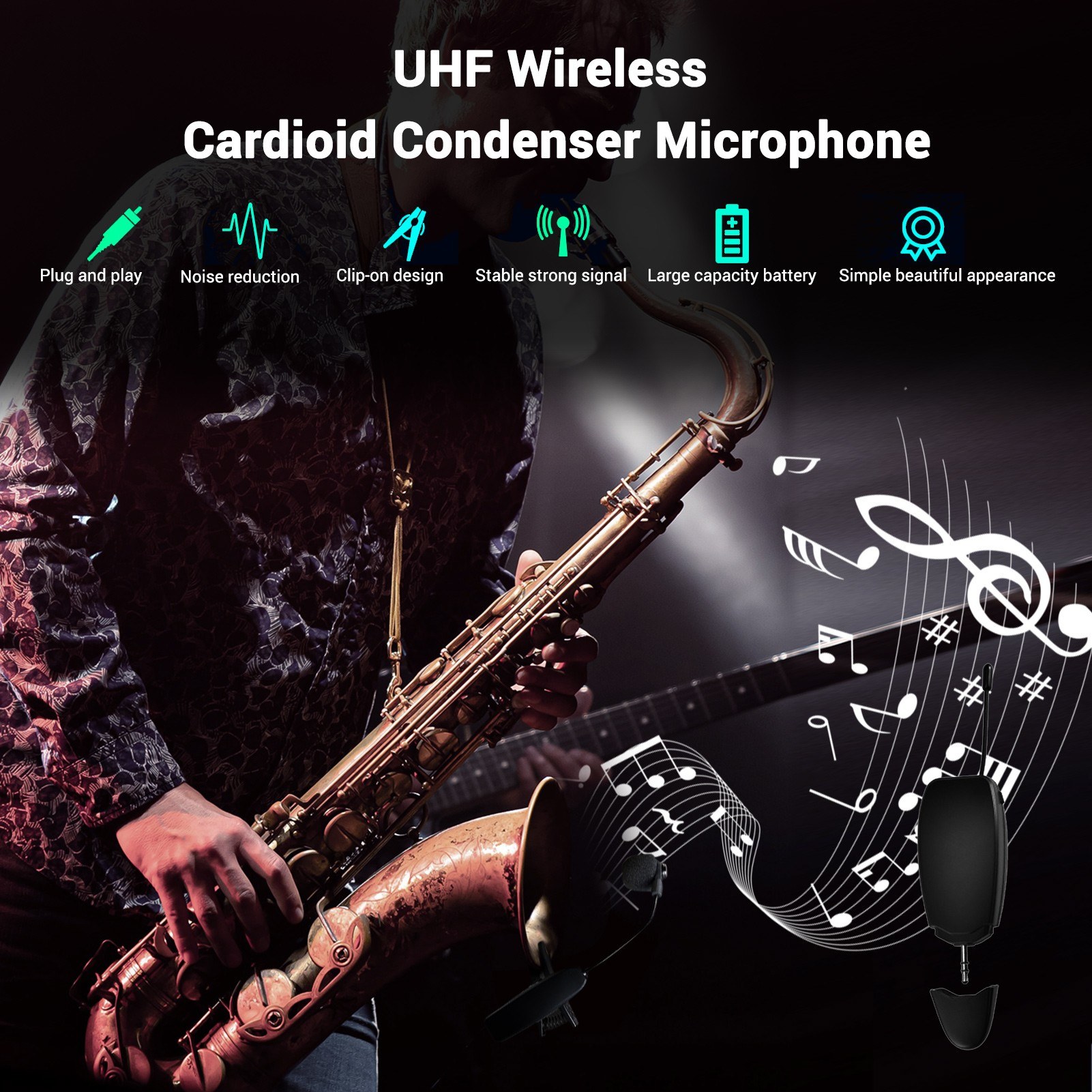 Instrumentos sem fio captador amplificador uhf 2.4g microfone receptor sem fio transmissor para saxofone trompete chifre tuba flauta