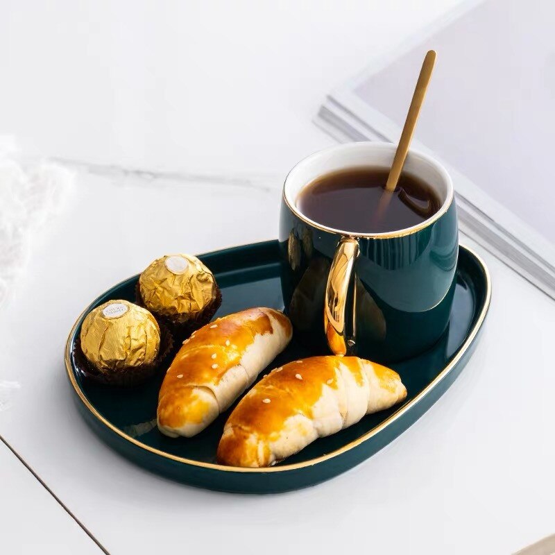 Japanese Style Ceramic Water Cup with Plate and Spoon Phnom Penh Coffee Mug Snack Dish Set Simple Afternoon Tea Cup